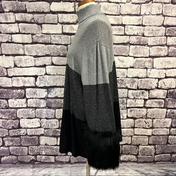Alfani NWT Black & Gray Turtleneck Sparkling Sweater W/ Faux Fur Cuffs Size 3X - Picture 4 of 10